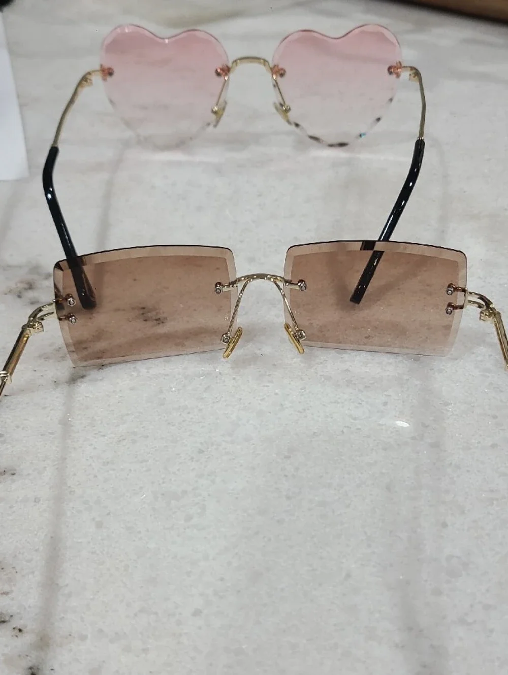 Rimless Heart & Rectangle Sunglasses Set — Pink & Brown